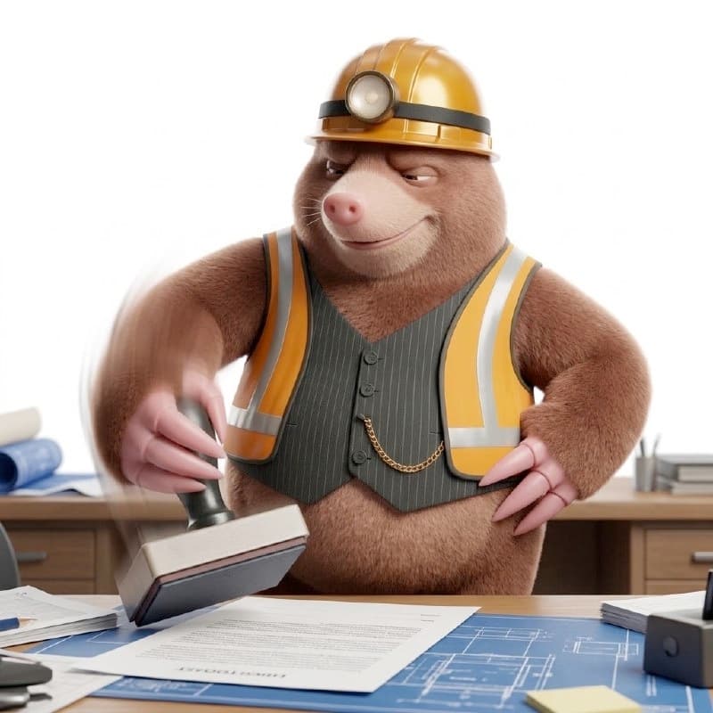 Mo stamping a document beside construction blueprints